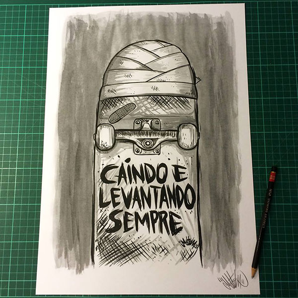 "Caindo e Levantando Sempre"- gravura de Mottilaa para Skate In Rio (Divulgação)